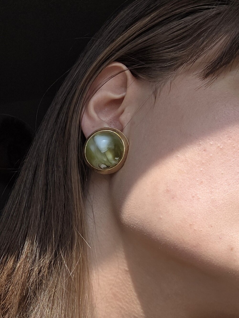 Gold-Tone Olive Green Dome ClipOn Earrings